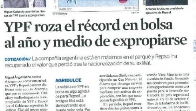 Diario español destacó performance de YPF tras la expropiación a Repsol