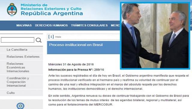 Macri avaló la destitución de Dilma Rousseff en Brasil