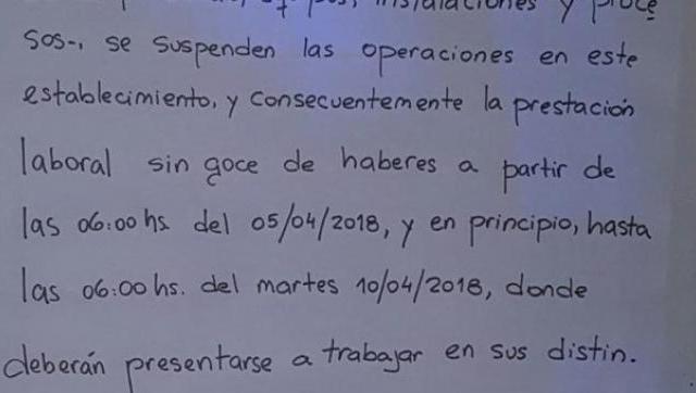 Cargill le comunica a sus 500 empleados que los suspende y que no les van a pagar