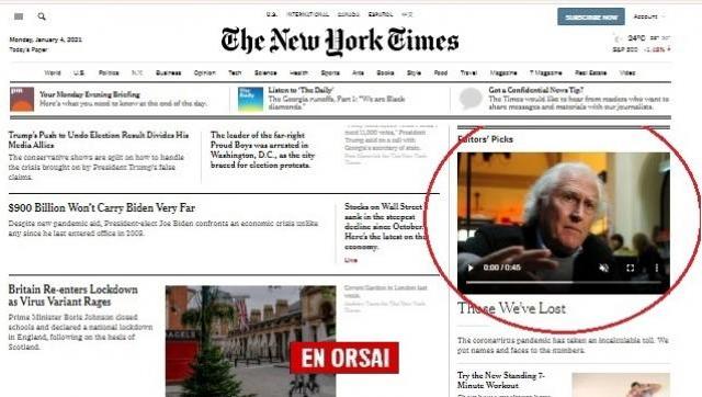Pino Solanas en la portada del site del “The New York Times”