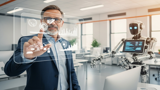 Una persona y una interfaz de inteligencia artificial colaborando en un entorno moderno de oficina, simbolizando la interacción humana con la IA en el futuro laboral.