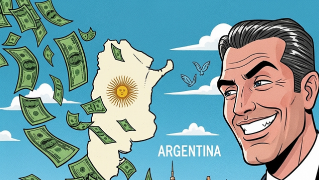 Ilustración de dólares ingresando a Argentina mientras un fondo extranjero sonríe