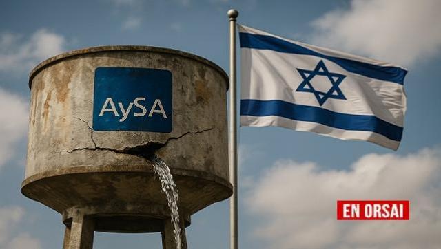 Tanque de agua roto con logo de AySA y una bandera de Israel de fondo, simbolizando la entrega del agua argentina.
