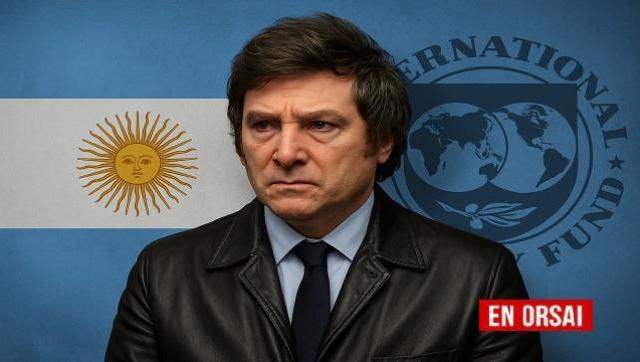Milei con rostro tenso, una bandera argentina de fondo, y el logo del FMI como sombra amenazante.
