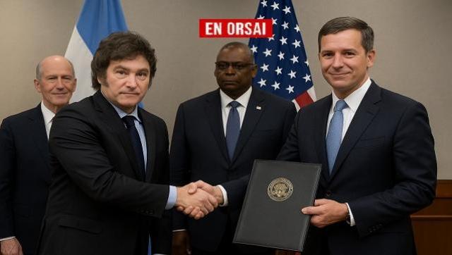 Javier Milei y autoridades estadounidenses sellando acuerdos energéticos con respaldo del Pentágono - imágen IA