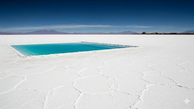 Vista aérea de una salina en el norte de Argentina con piletas de litio.