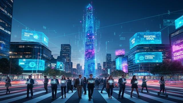La vibrante escena nocturna de Buenos Aires, con el Obelisco transfigurado por la tecnología, ilustra el dinamismo del capital humano y la innovación en el corazón de la economía del conocimiento argentina