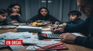 Deudas de hogares argentinos y facturas sobre una mesa, representando el aumento de la mora familiar en 2025.