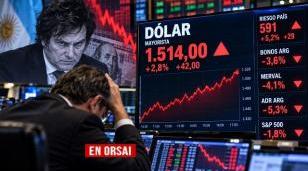 Pantalla de cotización del dólar con tendencia alcista y góndolas de supermercado