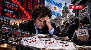 Pantalla de monitores financieros en rojo junto a persiana cerrada de un local comercial. IA