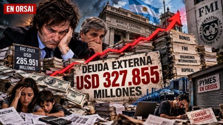 La deuda externa argentina llegó a un récord de USD 327.855 millones, según el INDEC. Ilustración editorial: EnOrsai.