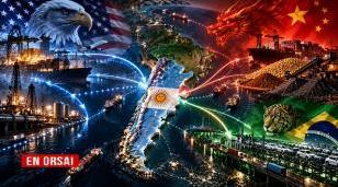 Gráfico conceptual con las banderas de Argentina, Estados Unidos, China y Brasil sobre un mapa geopolítico