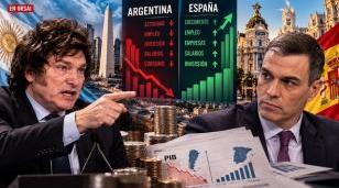 Javier Milei volvió a confrontar con Pedro Sánchez durante su visita a Madrid. Los indicadores económicos de Argentina y España muestran realidades diferentes en materia de crecimiento, empleo e inversión. Ilustración editorial generada con inteligenci