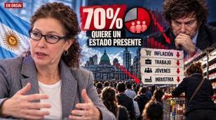 Shila Vilker durante su entrevista en el estudio de streaming analizando datos de opinión pública, imagen IA