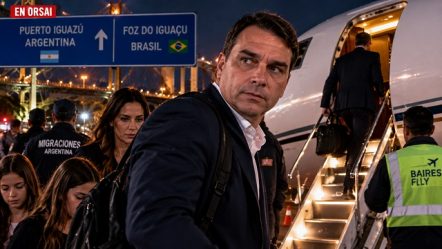 Flávio Bolsonaro junto a un avión privado en la frontera entre Argentina y Brasil. ilustración generada con IA